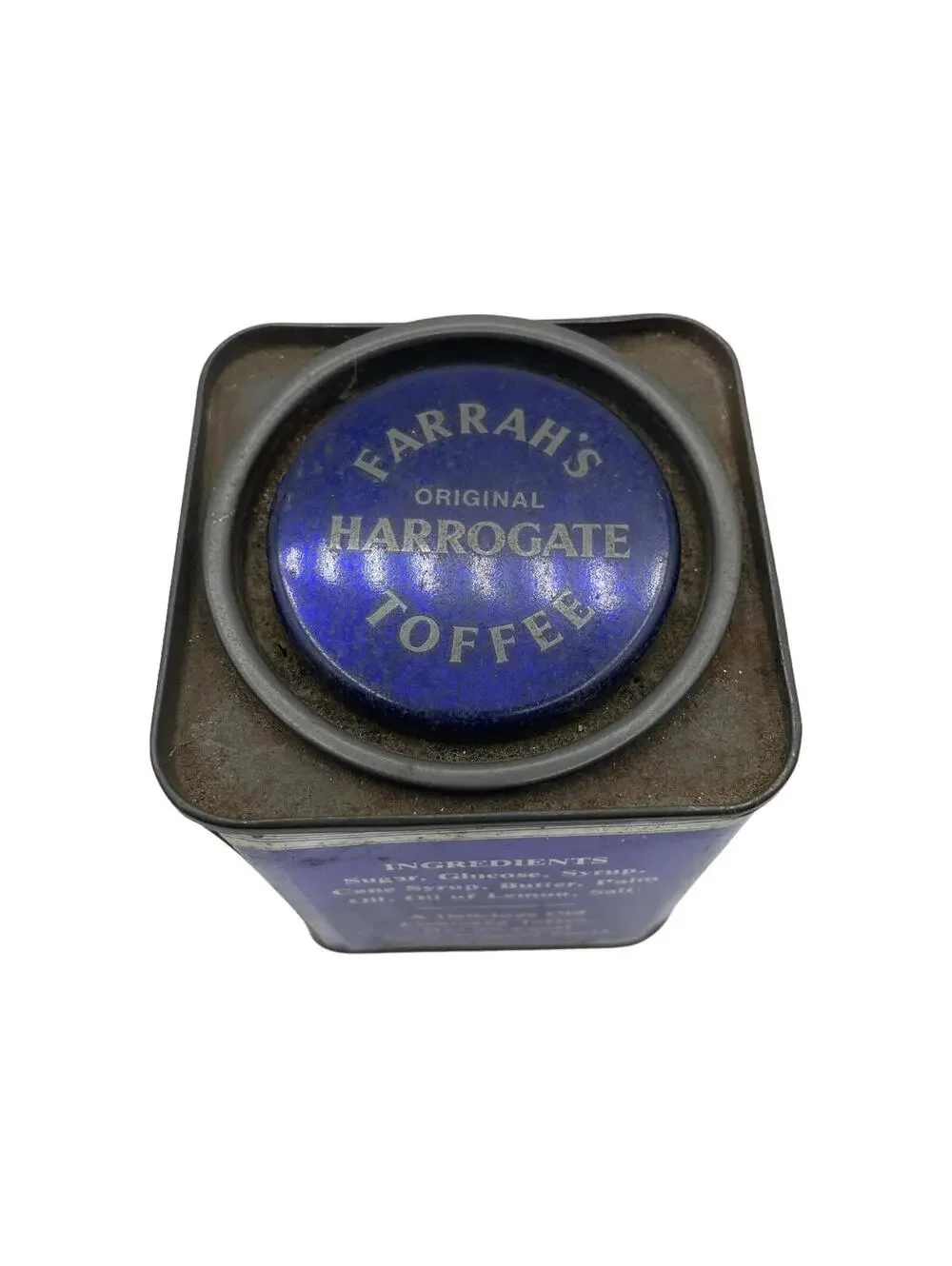 Vintage Farrah's Toffee Tin: English Blue & Silver Lidded Box